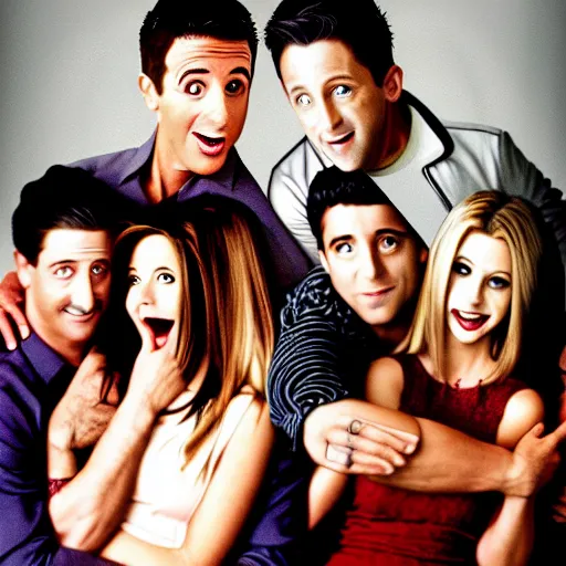 Prompt: friends tv serie as an horror movie poster, creepy, scary, dark