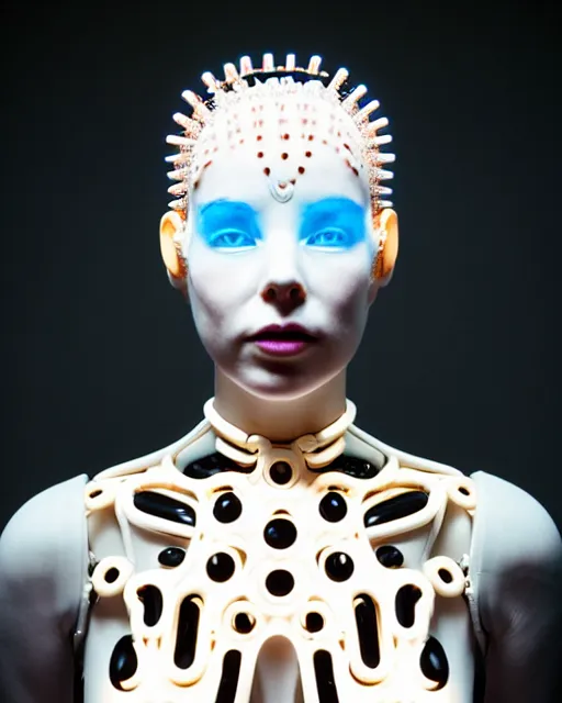 Image similar to symmetrical portrait of a biomechanical cyborg wearing a silicone swarovski studded iridescent beauty mask and neon hair buns, wearing a black bodysuit by alexander mcqueen, cream white background, soft diffused light, biotechnology, humanoid robot, bjork aesthetic, translucent, by rineke dijkstra, intricate details, highly detailed, masterpiece,