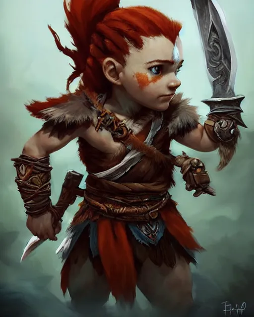 Image similar to cute little anthropomorphic kratos and aloy cute and adorable, pretty, beautiful, dnd character art portrait, matte fantasy painting, deviantart artstation, god of war, horizon zero dawn, by jason felix by steve argyle by tyler jacobson by peter mohrbacher