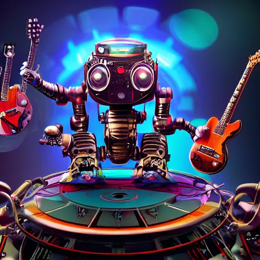 Image similar to album art, robos rock, rockband with 3 steampunk robots playing guitar and drums, r. o. b. o. s. r. o. c. k., 8 k, flourescent colors, halluzinogenic, multicolored, exaggerated detailed, front shot, 3 d render, octane