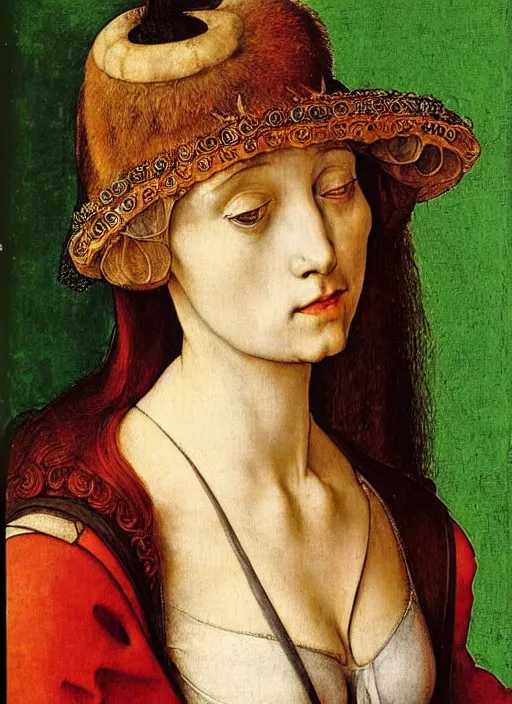 Image similar to portrait of young woman in renaissance dress and renaissance headdress, art by albrecht durer