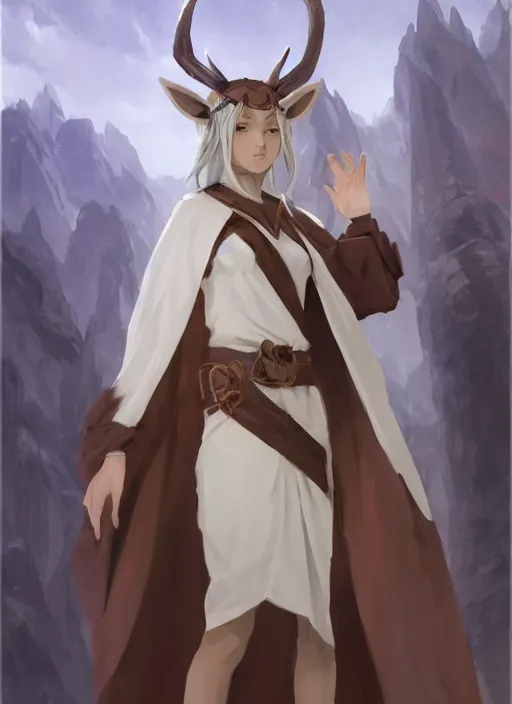 Image similar to concept art painting of a fully clothed person with brown skin and short white hair, demon horns, deer ears, blue tunic and robes, detailed, d & d style, cel shaded, in the style of ruan jia and artgerm and makoto shinkai and james gurney