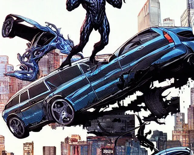 Image similar to Venom standing on top of a wrecked car in the city art by Clayton Crain, Javier Garron and Gerardo Sandoval