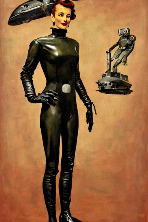 Image similar to 5 0 s pulp scifi fantasy illustration full body portrait slim mature woman in leather spacesuit in room, by norman rockwell, roberto ferri, daniel gerhartz, edd cartier, jack kirby, howard v brown, ruan jia, tom lovell, frank r paul, jacob collins, dean cornwell, astounding stories, amazing, fantasy, other worlds