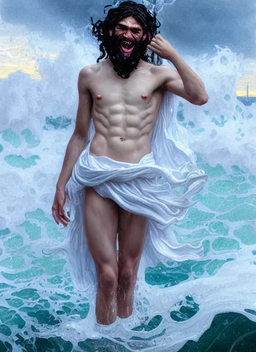 Image similar to portrait of teenage poseidon rising from ocean, greek, short curly blonde hair, mad smile, wearing a wet white sash, elegant, crashing waves, storm, glowing lights, volumetric lighting, highly detailed, digital painting, artstation, concept art, smooth, sharp focus, illustration, art by wlop, mucha, artgerm, and greg rutkowski