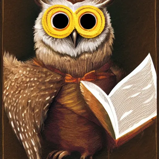 Image similar to portrait of an owlfolk wizard with a monocle, holding a spellbook