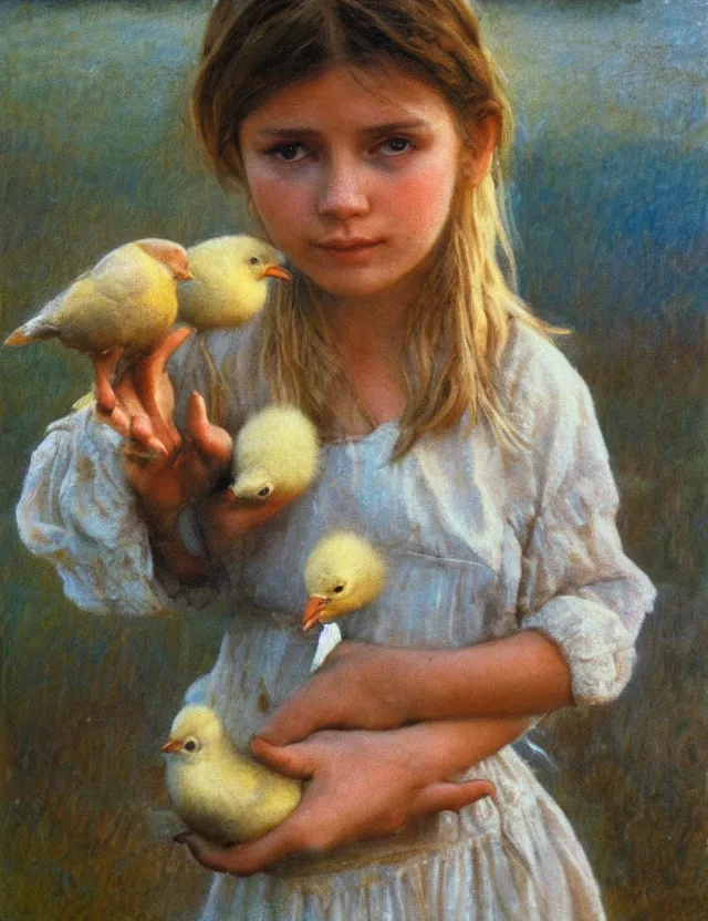 Image similar to portrait of little peasant girl holding chick in her hands, cottage core, cinematic focus, polaroid photo bleached vintage pastel colors high - key lighting, soft lights, foggy, by steve hanks, by lisa yuskavage, by serov valentin, by tarkovsky, 8 detailed, oil on canvas