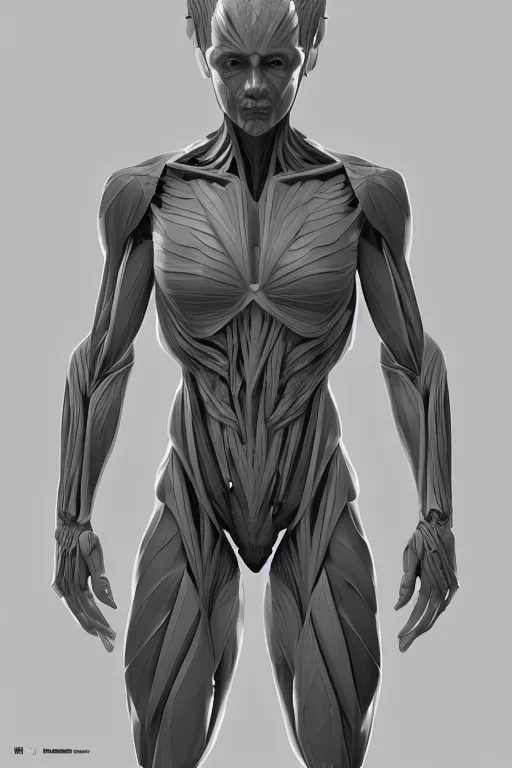 Image similar to symmetry!! full body female human anatomy concept, greeble panels, gun metal grey, limbs, muscular system reference, digital art, in the style of ben lol, brian sum, ramil sunga, herbert lowis, furio tedesschi, christopher cao, artstation, pinterest, deviantart, photoshop, octane render, unreal engine