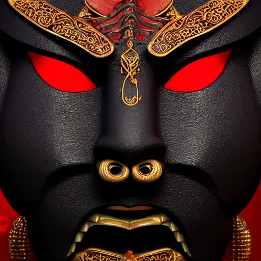 Image similar to a black hannya (般若) mask, proportional, symmetric, kintsugi, ornate, details, smooth, sharp focus, illustration, realistic, cinematic, artstation, award winning, rgb , unreal engine, octane render, cinematic light, macro, depth of field, blur, red light, 8K,