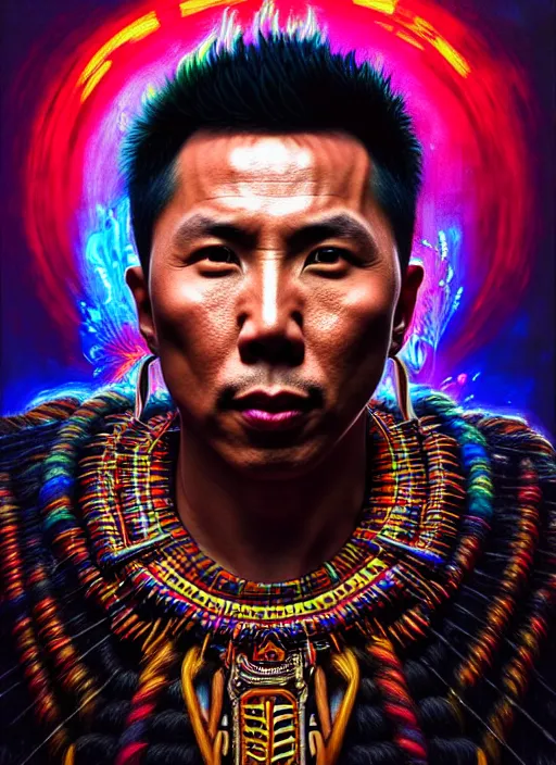 Image similar to portrait of donnie yen, hyper detailed ultra sharp aztec shaman warrior. trending on artstation, warpaint aesthetic, bloodwave, colorful, psychedelic, ornate, intricate, digital painting, concept art, smooth, sharp focus, illustration, art by artgerm and greg rutkowski and h. r. giger, 8 k