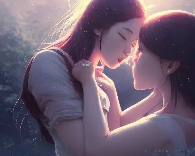 Image similar to two girls kissing and hugging, sharp details, sharp focus, elegant, highly detailed, illustration, by jordan grimmer and greg rutkowski and pine ( ハイネ ) and 薯 子 imoko and 香 川 悠 作 and wlop and maya takamura, intricate, beautiful, trending artstation, pixiv, digital art