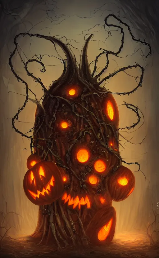 Image similar to fantasy monster concept art, a jack o lantern monster with vines for a body walking down a street of nightmares, dynamic lighting, photorealistic, trending on art station, stunning visuals, creative, cinematic, ultra detailed, atmospherical, ambient lighting, scary art, eery art