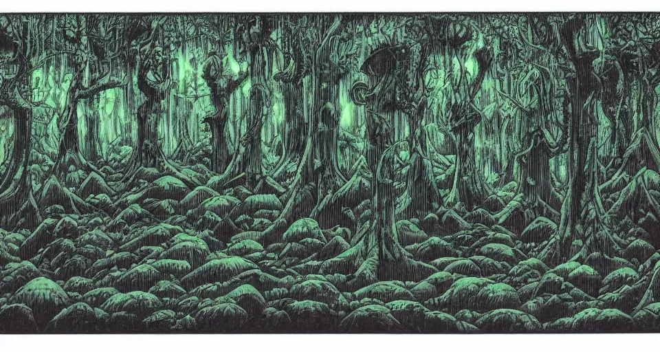 Image similar to A dense and dark enchanted forest with a swamp, by Yoshihiro Togashi