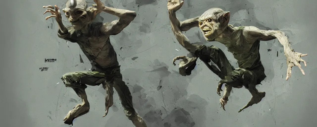 Image similar to duotone olive green grey illustration 3 / 4 portrait of gollum doing kung fu moves. dynamic chaotic composition accidental renaissance golden ratio. by sachin teng and sergey kolesov and ruan jia and heng z. graffiti art, scifi, fantasy, hyper detailed. octane render. concept art. trending on artstation