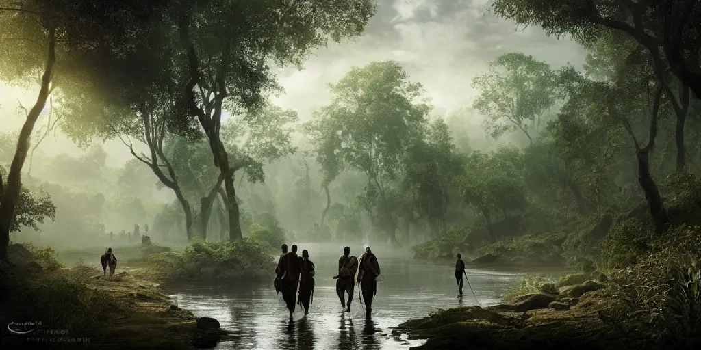 Image similar to muslim adventurers walking along the river bank in a kerala forest, an epic fantasy, dramatic lighting, cinematic, extremely high detail, photorealistic, cinematic lighting, matte painting, artstation, by Christopher Nolan, horizon forbidden west