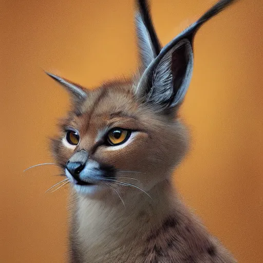 Image similar to highly detailed portrait painting of cute fluffy caracal, mono eye window, by eddie mendoza and tyler edlin, 8 k resolution