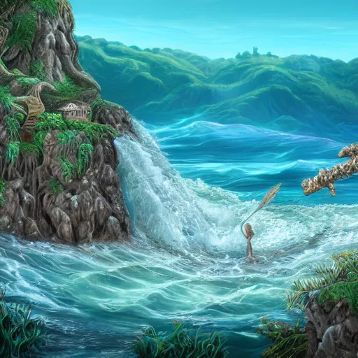 Prompt: a highly detailed link drawing of cuthulu emerging from a whirl pool in the ocean with a village in the background, 4 k, hd, high resolution, intricate detail