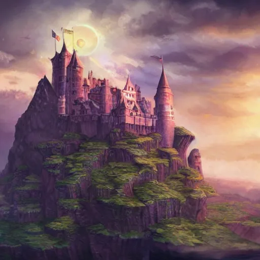 Image similar to a castle on a flying island, masterpiece, flying island in the sky, clouds background magic the gathering coloring style, epic fantasy style art, fantasy epic digital art, epic fantasy card game art