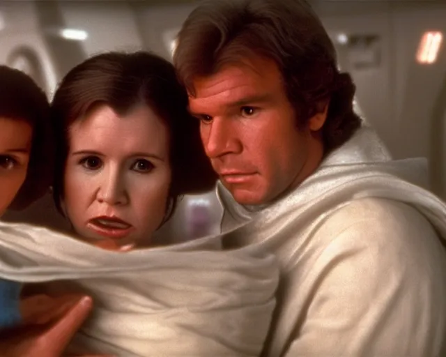 Image similar to screenshot of Han Solo standing next to Princess Leia Organa holding a new born baby in a swaddle, alone, pensive, iconic scene from 1980s Star Wars film directed by Ridley Scott, in a sci fi nursing home architecture, last jedi, 4k HD sharp, cinematic still frame, photoreal, detailed face, moody lighting, stunning cinematography, anamorphic lenses, kodak color film stock