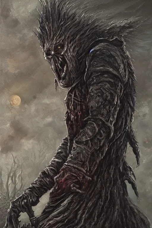 Image similar to bloodborne werewolf oil painting, horror, lovecraftian horror,