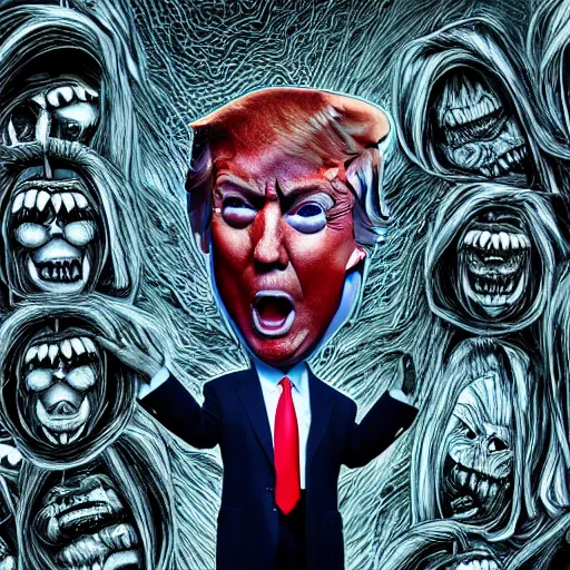 Prompt: trump scariest horror nightmare by junji ito, digital art, deepdream cosmic, 3 d high definition, trending on artstation, photorealistic, high resolution, 8 k, octane, hyper detailed, trending on deviantart insane details, intricate, elite, ornate, elegant trend, highly detailed and intricate, sharp focus, photography, unreal engine