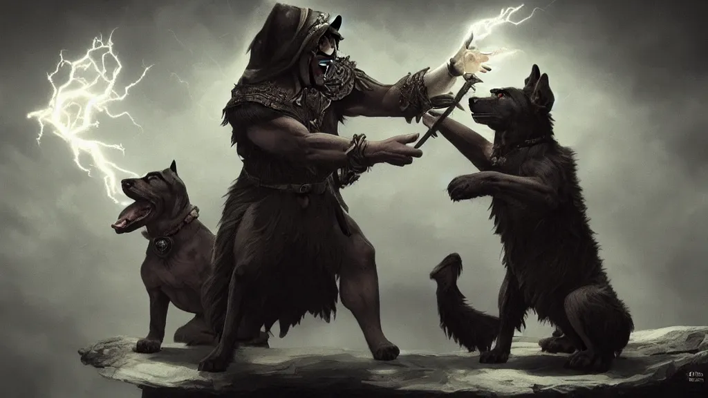 Image similar to dog wizard casting a powerful magic spell, fantasy, majestic pose, dramatic lighting, cinematic scene, frank frazetta, visually stunning, trending on artstation