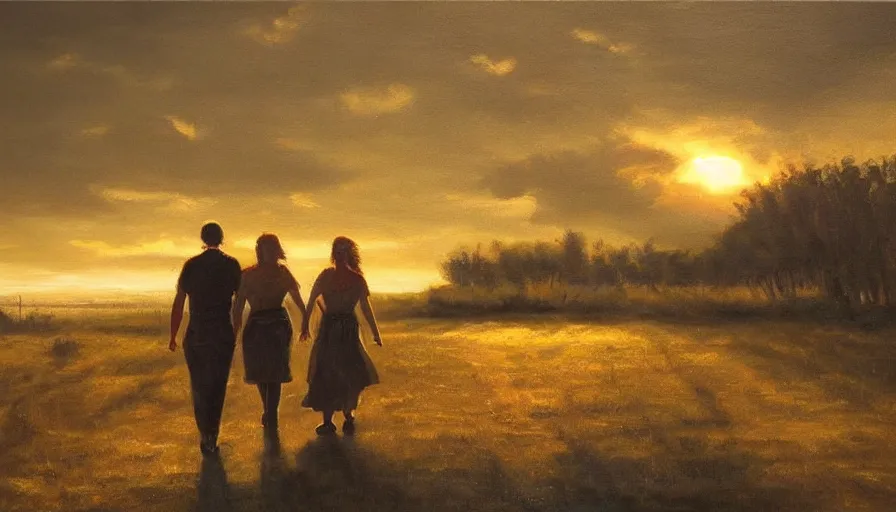 Image similar to oil painting, happy lovers leaving together, walking towards the sunset, cinematic lighting, wow, establishing shot