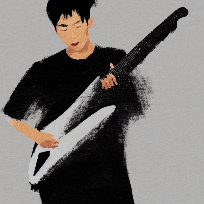 Prompt: minimal brush strokes painting of a young korean man wearing black t shirt holding a telecaster!!! electric guitar!!, dark background, huge dramatic brush strokes, matte colors, abstract, masterpiece, impressionist, trending on artstation