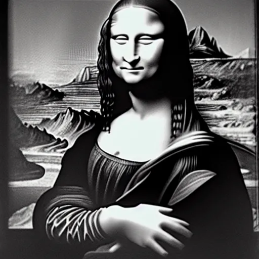 Prompt: Mona Lisa watching over ancient machines, 35mm found footage, occult underexposed photography by Edward Weston