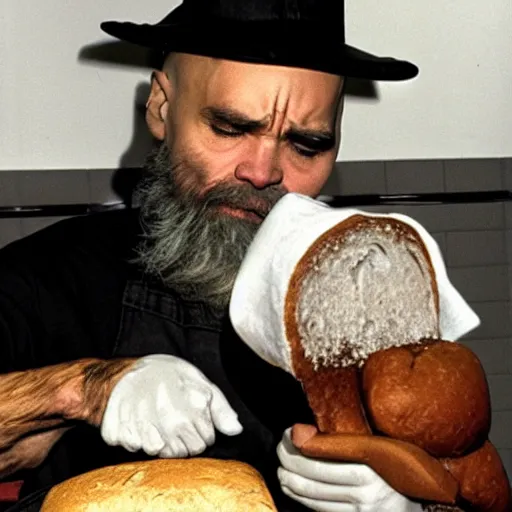 Image similar to charles manson baking a loaf of bread wearing a chef hat