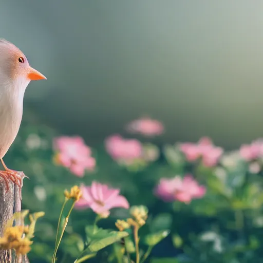 Prompt: A photo of a bird in the middle of a garden, 8K concept art, dreamy, garden, bushes, flowers, golden hour, vintage camera, detailed, UHD realistic faces, award winning photography, cinematic lighting