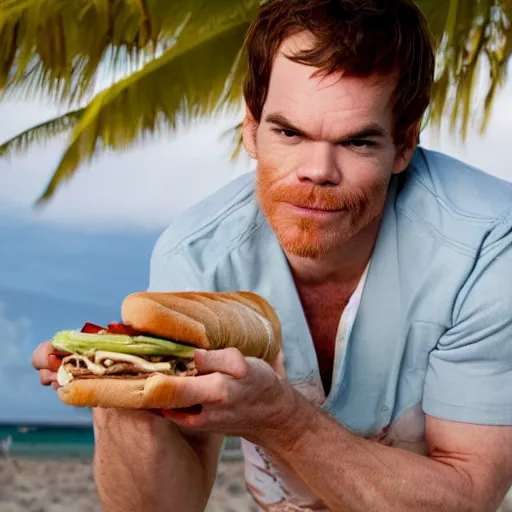 Prompt: michael c hall as dexter on the beach in miami eating a cuban sandwich