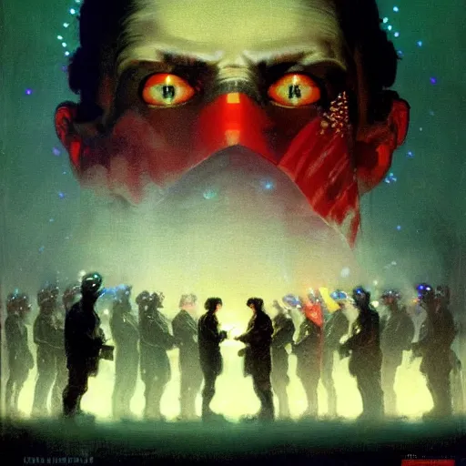 Image similar to a dark and colorful close - up of a sci - fi 4 th - of - july independence day with led lights glowing fog in the background. highly detailed science fiction painting by norman rockwell, frank frazetta, and syd mead. rich colors, high contrast, gloomy atmosphere, dark background. trending on artstation