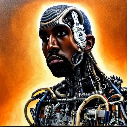 Image similar to a realistic oil painting of a cybernetic kanye west cyborg, surrealism portrait, post apocalyptic album cover