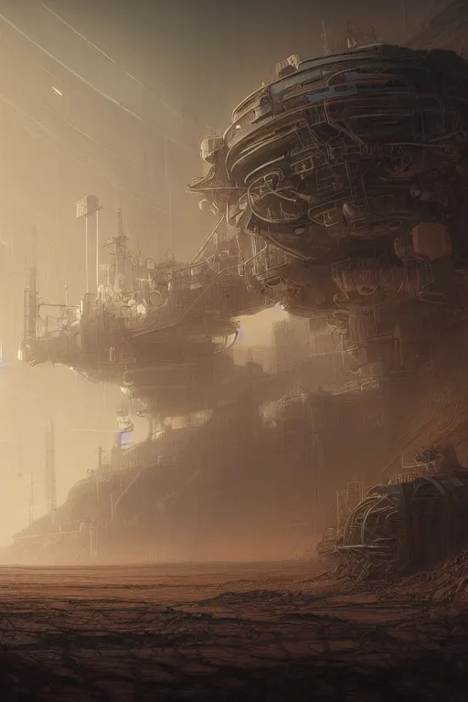 Prompt: factory on mars, yellow dust, high - tech, by wlop, by luis royo, by peter mohrbacher, concept art, digital illustration, intricate, masterpiece, elegant, super detailed, unreal engine rendering, smooth, sharp focus, artstation hq