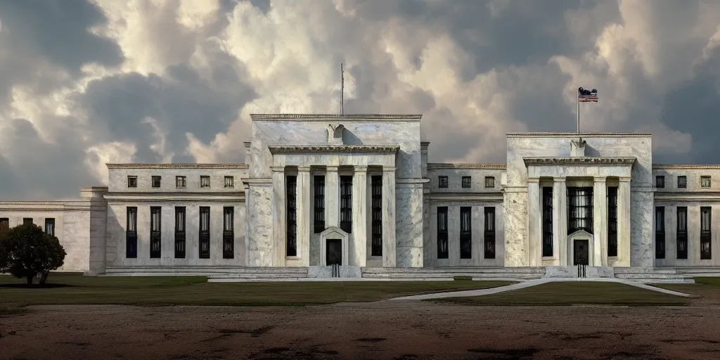 Prompt: wide angle shot of the federal reserve in an apocalyptic scene, hd, volumetric lighting, 4 k, intricate detail, by jesper ejsing, irakli nadar