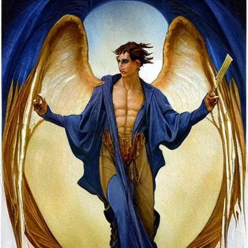 Image similar to Portrait stunning, breathtaking, awe-inspiring award-winning ground-breaking concept art nouveau painting of sophisticated portrayal of Lucifer, invincible and triumphant over the Heavens, with anxious, piercing eyes, exquisite and handsome wings, the morning star bright and splendor in the background, holding in his hands his flaming sword, by Michelangelo, cinematic, socialist realism, intricate detail, finely detailed, small details, extra detail, hyper detail, photorealistic, symmetrical, high resolution, 3D, PBR, path tracing, volumetric lighting, octane render, 8k, 3-point perspective, unreal engine 5,DAZ, octane render, dynamic lighting, IMAX quality, polished, photoshopped, high resolution , path tracing