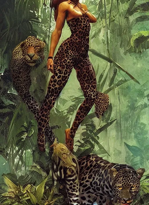 Prompt: a full body portrait of a jungle queen with a leopard, intricate, elegant, highly detailed, vivid colors, john park, frazetta, sparth, ruan jia, jeffrey catherine jones