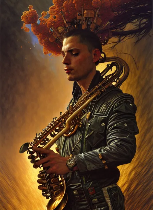 Image similar to portrait of a dirt man playing sax, warhammer 40000, cyberpunk, intricate, highly detailed, digital painting, artstation, concept art, smooth, sharp focus, illustration, art by Amano and Karol_Bak and artgerm and greg rutkowski and alphonse mucha and Gustav Klimt and Kojima