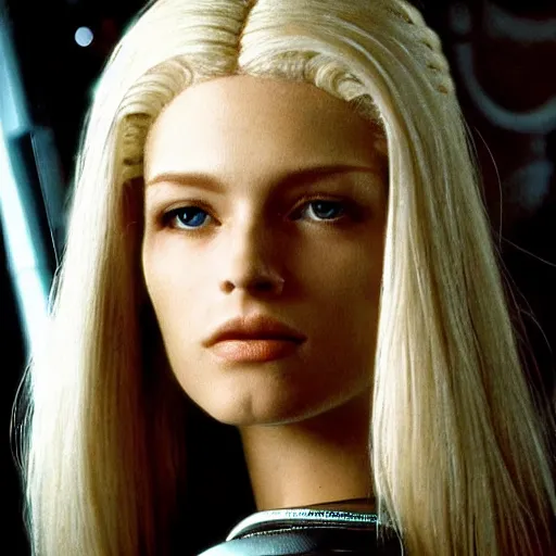 Image similar to very pretty blond borg queen on a borg ship, perfect face, symmetrical face, moody lighting, shallow depth of field,