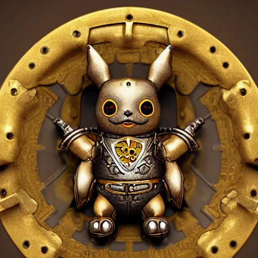 Prompt: A steampunk pikachu made from ornate engraved full plate armor and gears and several jewels, macro shot by Justin Gerard, unreal engine, physically based rendering