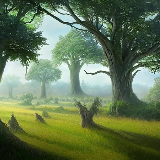 Prompt: grass field with giant trees and flying mystical creatures, by james gurney,Trending on artstation, digital art,