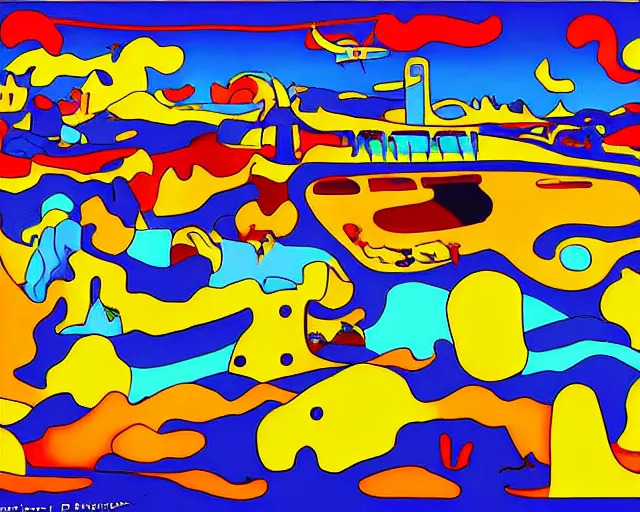 Image similar to yellow submarine pepperland landscape by heinz edelmann,