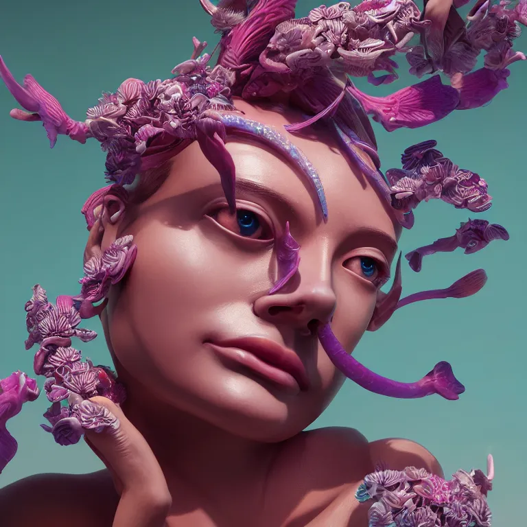 Image similar to goddess full painted acryllic sculpture close-up portrait. orchid bird betta fish, intricate artwork by Tooth Wu and wlop and beeple. octane render, trending on artstation, greg rutkowski very coherent symmetrical artwork. cinematic, hyper realism, high detail, octane render, 8k