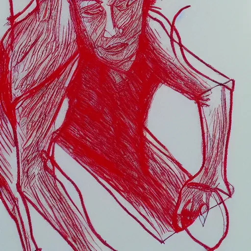 Prompt: red ballpoint pen drawing line strokes outsider art