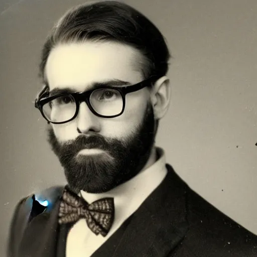 Prompt: vintage portrait of a handsome young brown-hair bearded man with glasses