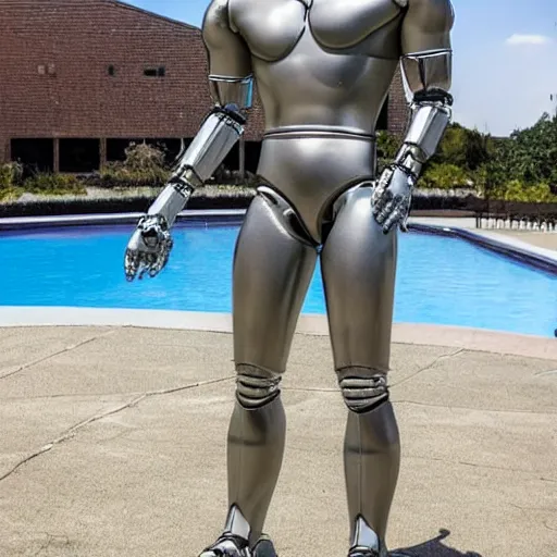 Image similar to a realistic detailed photo of a guy who is an attractive humanoid who is half robot and half humanoid, who is a male android, wrestler bo nickal, shiny skin, posing like a statue, blank stare, by the pool, on display, showing off his muscles, humanoid robot, frozen ice statue