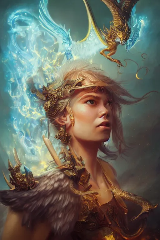 Image similar to beautiful girl sorcerer looking up with fire and golden dragon skin, celtic rune tattoos, casting magic spell, angel, fantasy, magic the gathering, hyper detailed, 3 d render, hyper realistic detailed portrait, peter mohrbacher, wlop, ruan jia, luis royo