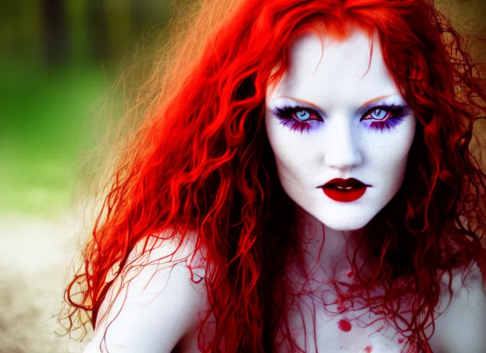 Prompt: award winning 5 5 mm close up face portrait photo of an anesthetic and beautiful redhead woman with blood - red wavy hair, intricate eyes that look like stars, and fangs, in a park by luis royo