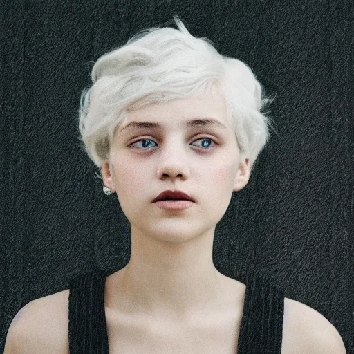Prompt: young woman with short white hair. in the style of Monia Merlo.